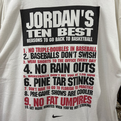 90s NIKE / Michael Jordan "TEN BEST REASONS TO GO BACK TO BASKETBALL" / Graphic T-Shirt